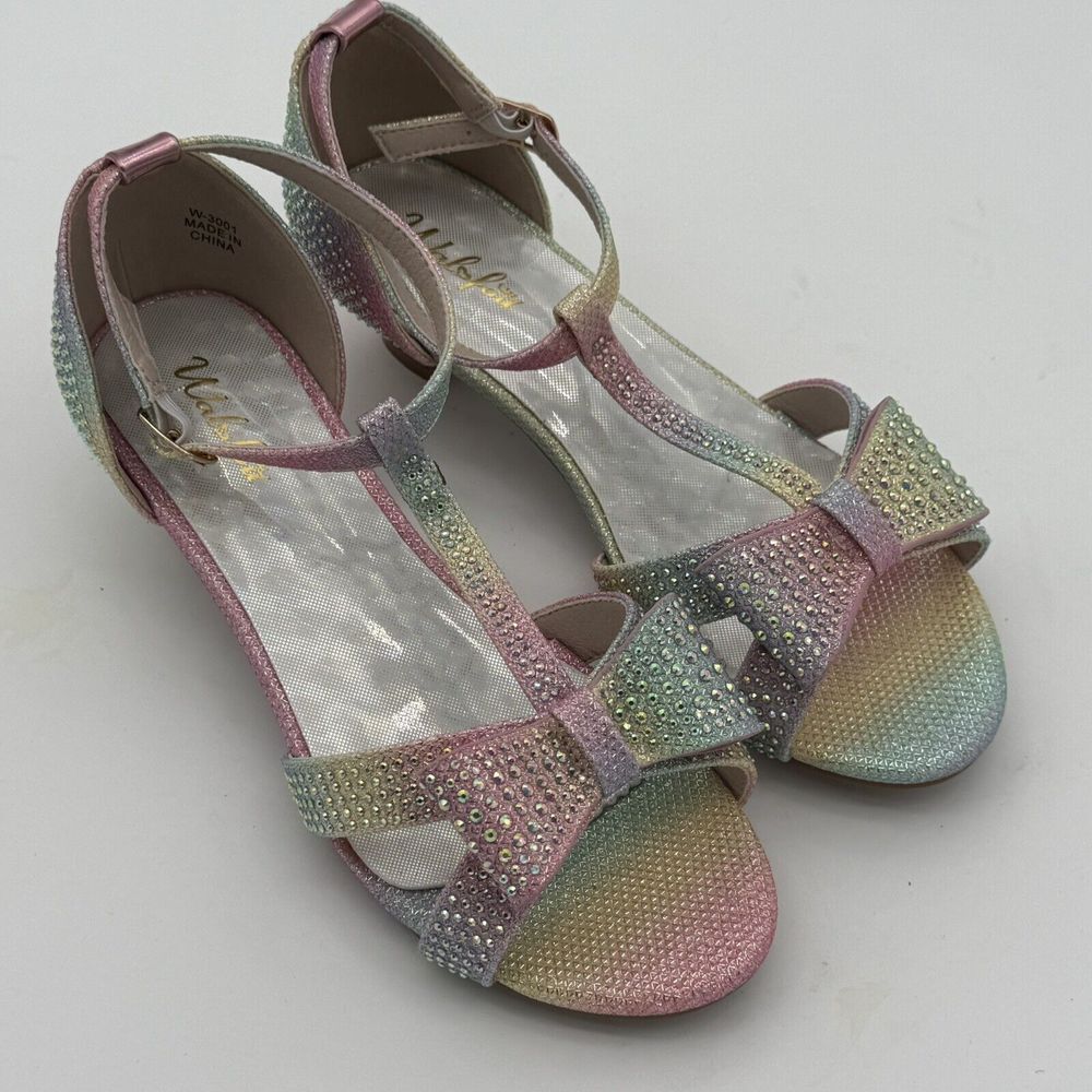 Sandal Pump Big Kid Girls Size 5 Shoe, Elegant Rainbow Color, Bow, Ankle Strap.